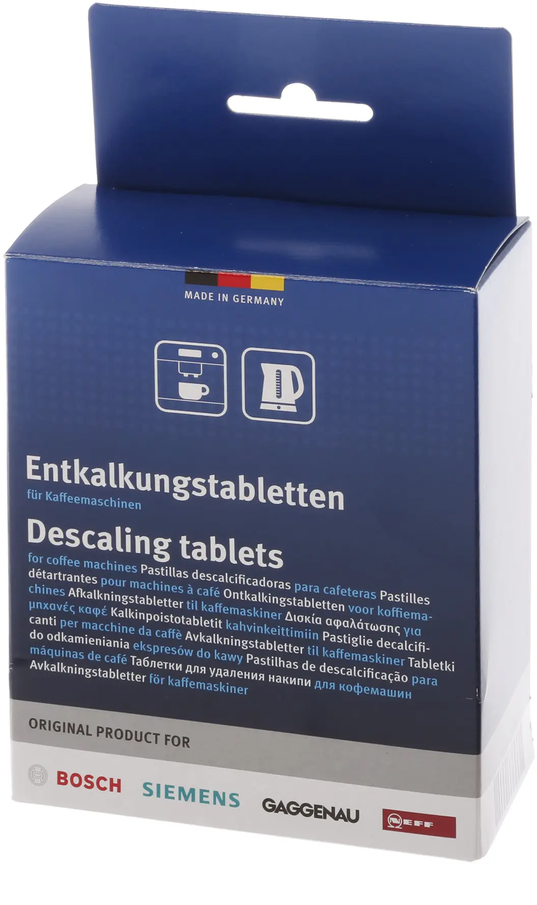 00312454 Descaling tablets Suitable for coffee machines, kettles and hot water dispensers Contents: 12 x 18g - Sufficient for 3 - 6 treatments